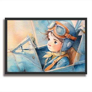 Poster per bambini con aviatore ad acquerello - Illustrazione stampata su carta fotografica - Decorazione da parete con cornice per camera da letto - Regalo per bambini