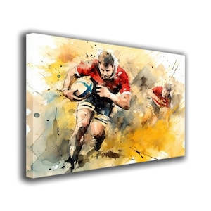 Canvas print of rugby action during a match, players in action, rugby stadium in history, wall decor, oval ball