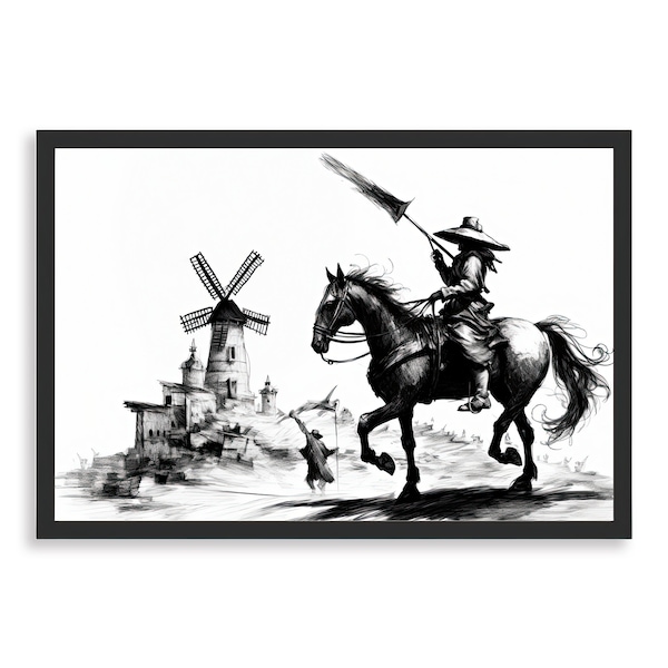 Vers le Moulin, folie, art mural, art de la maison, aventure chevaleresque, moulin, noir et blanc, dessin, Fusain, art romanesque,  cheval