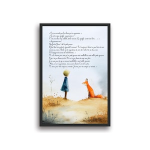 De Kleine Prins en de Vos met citaat. Poëtische aquarel. Inspirerende schilderkunst voor kinderen. Decoratie voor kinderkamers. Geboortegeschenk