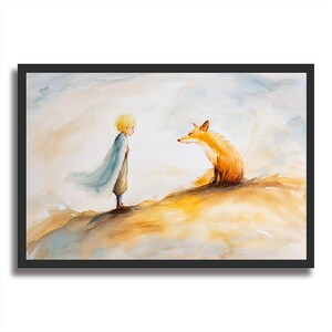 Illustrazione emozionante su carta fotografica: un toccante incontro tra il Piccolo Principe e la volpe, stampato su carta fotografica incorniciata. Regalo