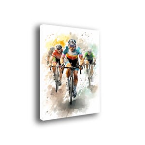 May include: A watercolor painting of three cyclists racing on a road. The cyclists are wearing colorful jerseys and helmets. The painting has a watercolor background with splashes of color.