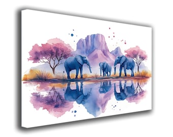 Aquarellgemälde von Savannenelefanten – Natur- und Tierkunst für die Wand – Afrikanischer Leinwanddruck – Geschenk für Reisende und Naturliebhaber