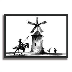 The Impending Confrontation, windmill, Don Quixote, Spain, literary illustration, black and white, printed picture, wall art, decor