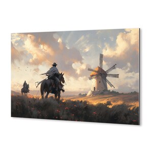 Op de afbeelding: Een schilderij van twee mensen te paard die wegrijden van een witte windmolen met een bruin rieten dak. De lucht is lichtblauw met witte wolken. De grond is lichtbruin met groen gras.