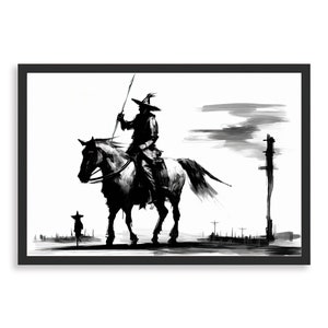 May include: Black and white illustration of a person riding a horse with a spear. The person is wearing a hat and the horse has a long tail. The background is a simple landscape with a few trees and a cloudy sky.