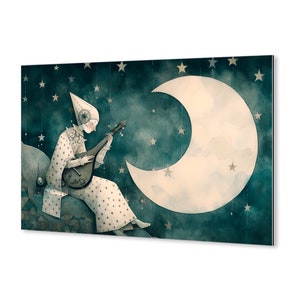 Dreamy character, Starry night, Artistic expression, Pierrot, Stars, Lunar character, Mandolin, Quarter moon, Softness, Melody,