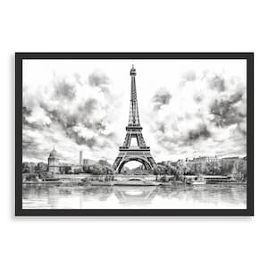 Schizzo eterno, Parigi, paesaggio parigino, Torre Eiffel, bianco e nero, disegno, arte da parete, arte su carta, foto incorniciata, soggiorno, regalo