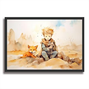 Manifesto dell'acquerello del Piccolo Principe. Illustrazione per bambini raffigurante il deserto con una volpe. Decorazione murale in carta incorniciata. Regalo ispiratore per bambini