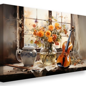 The Violin and the Bouquet, wall art, wall decoration, print, stillness, still life, violin, bouquet, canvas art, painting