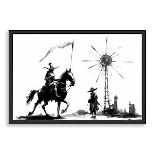 May include: A black and white illustration of a lone rider on horseback, with a flag flying behind them, approaching a tall, spindly tower with a large, star-shaped structure at the top. The rider is wearing a hat and a long coat, and the horse is in full gallop. A second figure, also wearing a hat, stands in the foreground, looking towards the tower.