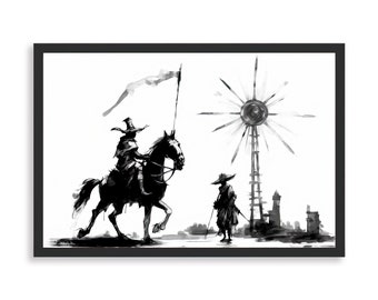 The Eternal Quest, windmill, charcoal, black and white, print on paper, Spain, knight, wall art, home decor, framed