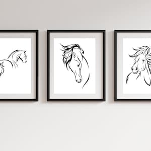 Horse Drawing Set Farmhouse Decor Printable Line Drawing Horse Print Black and White Animal Decor Single Line Art Set Of 3