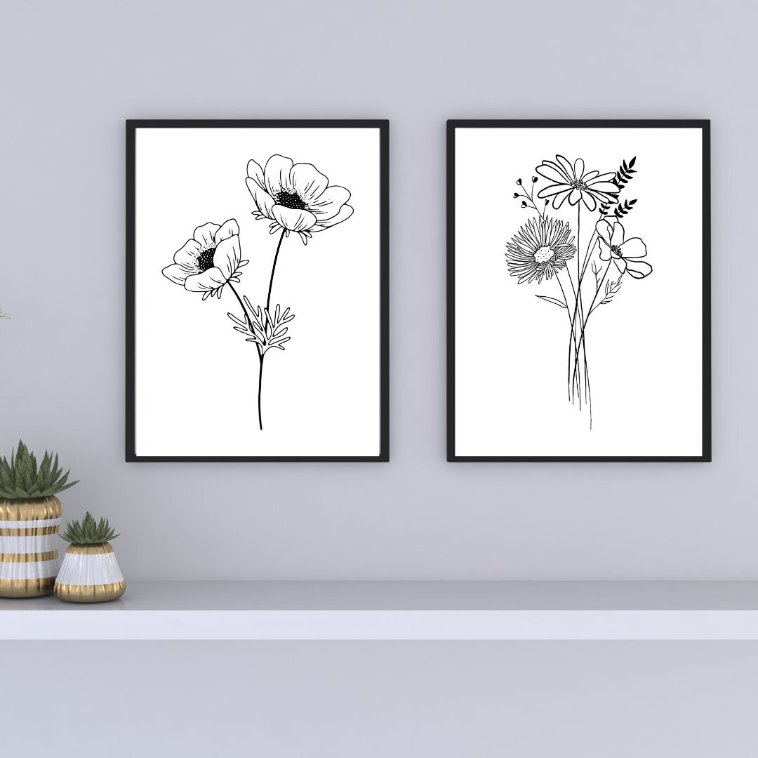 Flower Line Art Set Flower Wall Art Prints Minimal Floral Prints Line