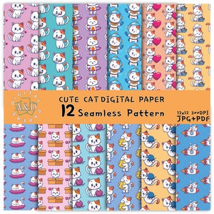 Cute Cat , Kitty Cat, Kawaii cat, Digital Papers-Scrapbook - Seamless - 12 Designs 12x12in, 30x30 cm - Ready to Print - High Quality 300 dpi