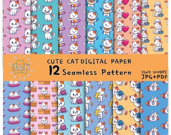 May include: Twelve digital paper patterns featuring cute cartoon cats in various poses and settings. The patterns include cats playing with yarn, sleeping on pillows, wearing astronaut suits, holding hearts, and more. The patterns are seamless and can be used for scrapbooking, card making, and other craft projects.