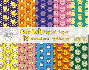 May include: A set of 10 digital paper patterns featuring various Pokemon characters. The patterns are seamless and come in a variety of colors, including yellow, orange, blue, pink, and green. Each pattern is 12x12 inches and is available in PDF and JPG formats.