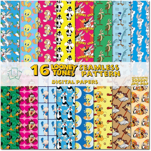 Looney Tunes - Digital Paper, Scrapbook, Pattern, Cartoon , seamless - 16 Designs 12x12in, 30x30 cm - Ready to Print - High Quality 300 dpi