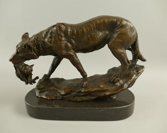 Wolf mit Jungtier, Bronzefigur, Bronzeskulptur