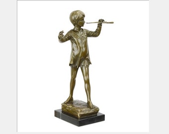 Bronzefigur "Peter Pan" auf Marmorsockel, Bronzeskulptur Statute