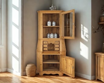 bäuerlicher Eckschrank-Vitrine-Sekretär, restauriert in Weichholz "Antik-Lux"