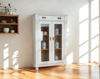 schönes restauriertes Gründerzeit Weichholz Vertiko-Vitrine in Weiß von "Antik-Lux"