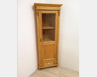 schöner schmaler Jugendstil Eckschrank, Weichholz massiv, Vitrine von Antik-Lux