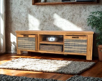 ausgefallenes Lowboard in Teak-massiv, mit Korbgeflecht von "Antik-Lux-Münster"