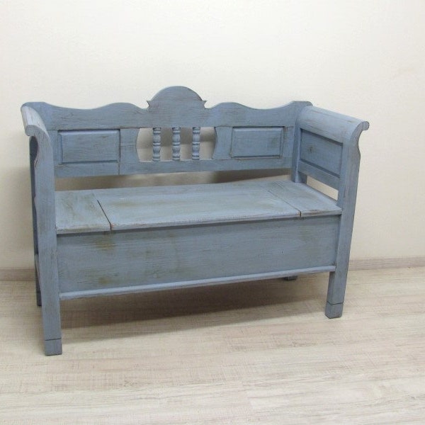 schöne Schwedenbank in Shabby-Chic-Blau, in Weichholz "125 cm breit" Truhenbank