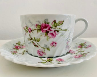 6Tasses et soucoupes-Haviland Torse Églantine fleurs roses