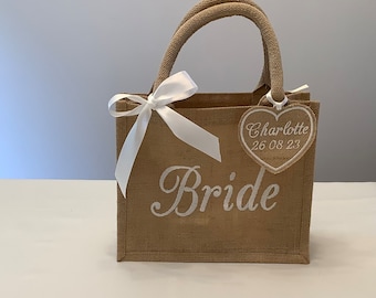 Wedding Jute/ Hessian bag/Bride bag/Hen Party bag/Personalised wedding bag. White/ Bridal white/ Ivory /Sage green options