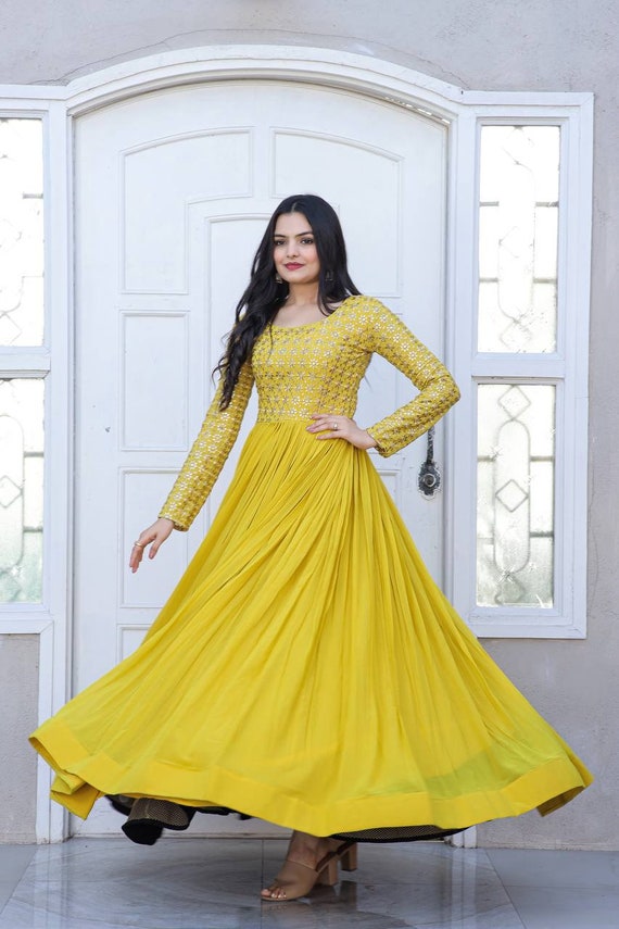 Lemon Yellow Color Wedding Wear Net Semi Stitched Anarkali Gown –  fashionnaari