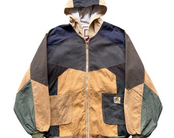 Vintage Carhartt Reworked Patchwork Hoodie - Sunfaded Duck Canvas Jacket - Size L