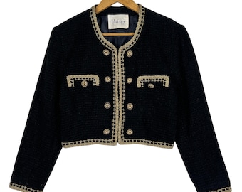 Vintage Vaiser Valse Tweed Cropped Jacket – Svart med gulddetaljer, Tillverkad i Japan