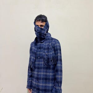 Rare Alexander McQueen Scarf Docking Tartan Check Shirt Long Sleeve Fringe Long Tunic Cashmere Blend Shawl Stole Cut Made In Italy Size M