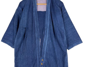 Vintage Indigo Dyed Kendo Cardigan: Japanese Handmade Jacket, Size L
