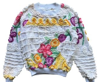 Vintage 80-tals chenilletröja med blommig broderi - Tillverkad i USA, storlek M
