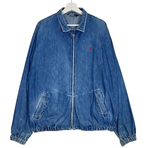 Vintage 90s Polo Ralph Lauren Dyed Denim Harrington Bomber Jacket Size L