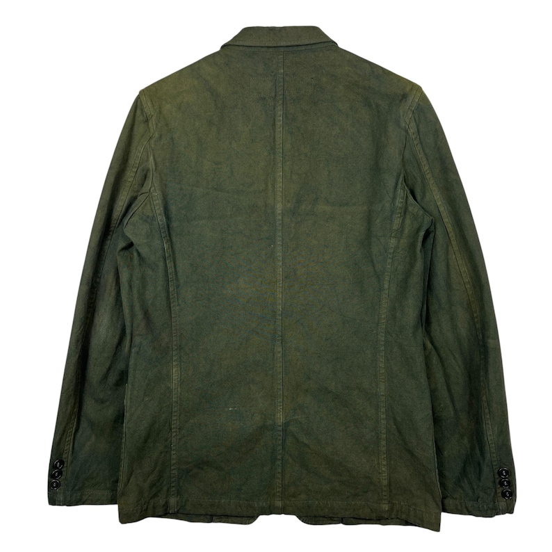 May include: A dark olive green blazer with a two-button closure and three buttons on each cuff. The jacket has a classic notched lapel and a tailored fit. The fabric appears to have a slightly worn or distressed look.