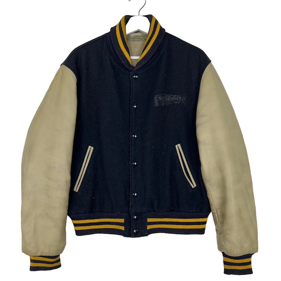 Vintage 90s Golden Bear Varsity Leather Jacket Navy Cream