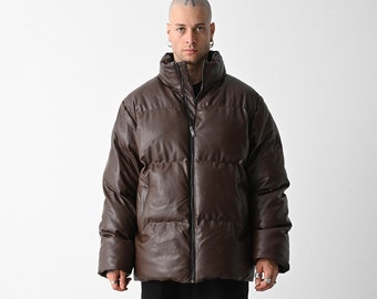 Dark Brown Oversized Leather Inflatable Coat free shıppıng