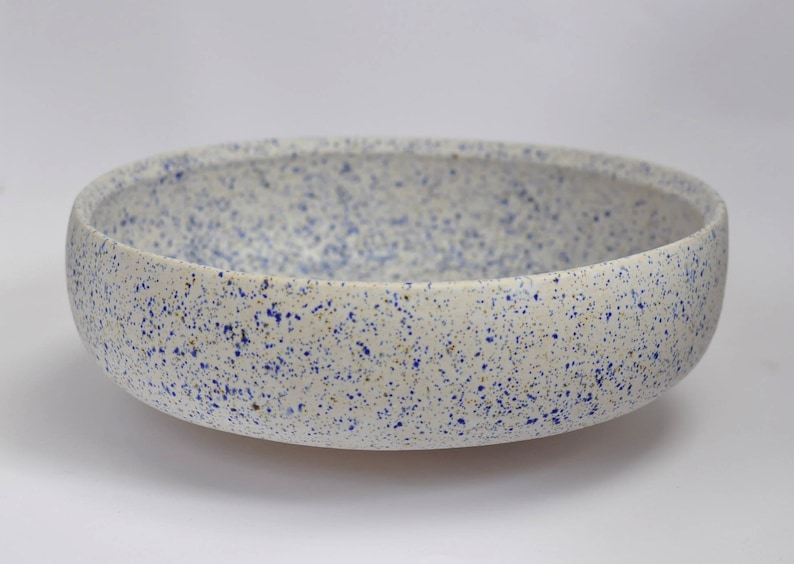 May include: A white ceramic bowl with a speckled blue and white glaze. The bowl is round and has a wide rim.