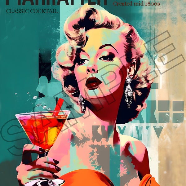 Download digital image for bar room wall art the Classic Cocktail Manhattan, in this iconic poster print picture for wall art, pop art