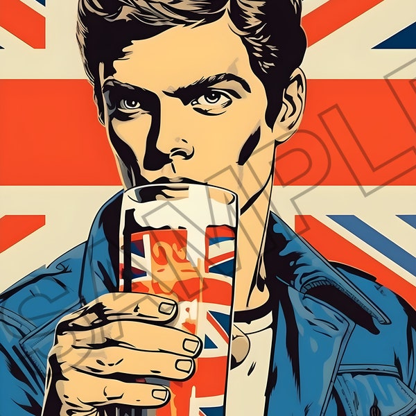 Download digital image picture for print British scooter vespa lambretta mod drinking beer union jack wall art pop art