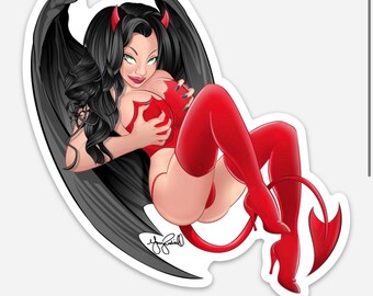 Gothic Devil Girl Sticker – Demon Pin Up Vinyl Decal – Alt Girl Laptop Water Bottle Sticker – Dark Fantasy Art