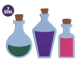 May include: Three glass bottles with cork stoppers and different coloured liquids inside. The bottles are in a row from left to right, with the largest bottle on the left and the smallest bottle on the right. The liquid in the left bottle is green, the liquid in the middle bottle is purple, and the liquid in the right bottle is pink.