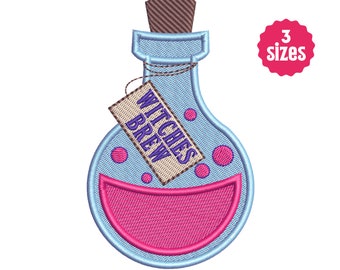 May include: An embroidered design of a potion bottle with a cork stopper. The bottle is light blue with pink liquid and pink polka dots. A tag reads "Witches Brew". A pink circle indicates "3 sizes".