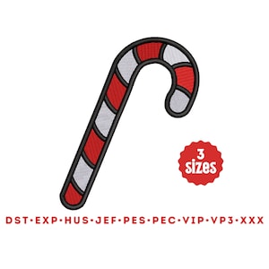 Puede incluir: Diseño de bordado de bastón de caramelo rojo y blanco en tres tamaños. El diseño está disponible en los formatos DST, EXP, HUS, JEF, PES, PEC, VIP, VP3 y XXX.