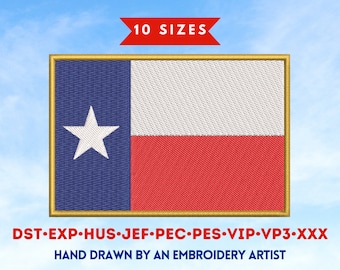 Diseño de bordado de máquina de bandera del estado de Texas / 10 tamaños / Descarga instantánea de archivos