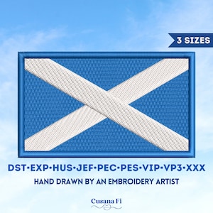 May include: A blue and white embroidered patch of the Scottish flag. The flag is a white X on a blue background. The text "DST-EXP-HUS-JEF-PEC-PES-VIP-VP3-XXX" is below the flag. The text "HAND DRAWN BY AN EMBROIDERY ARTIST" is below the first line of text. The text "Cusana Fi" is below the second line of text.